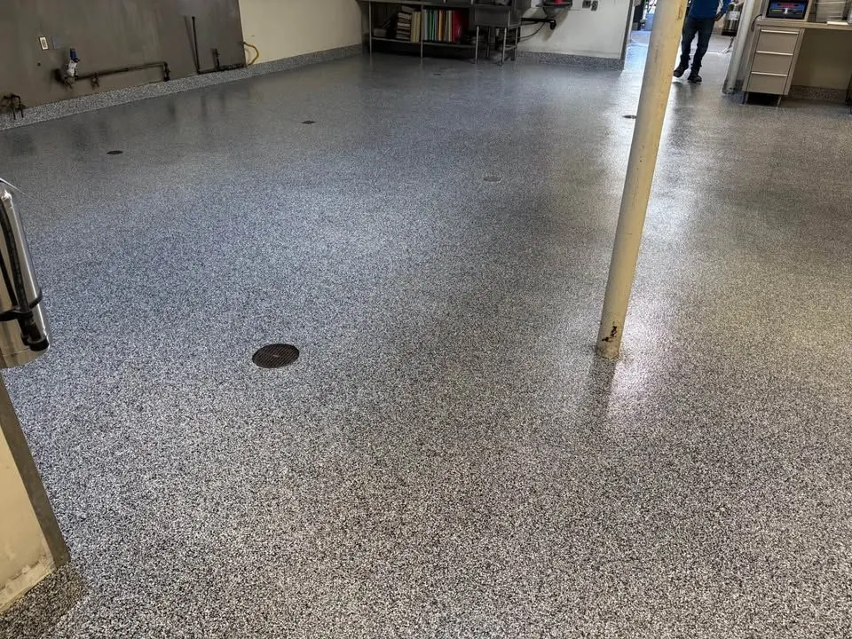 Color chip epoxy commercial kitchen floor by Vazquez Epoxy Coatings, serving Elk Grove, CA