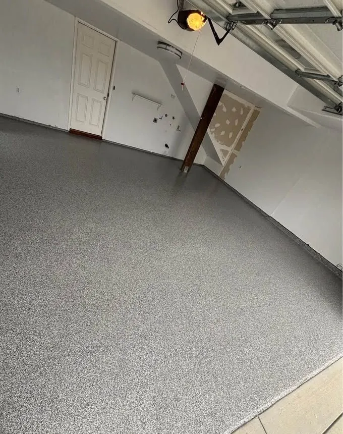 Grey color chip epoxy two-car garage floor